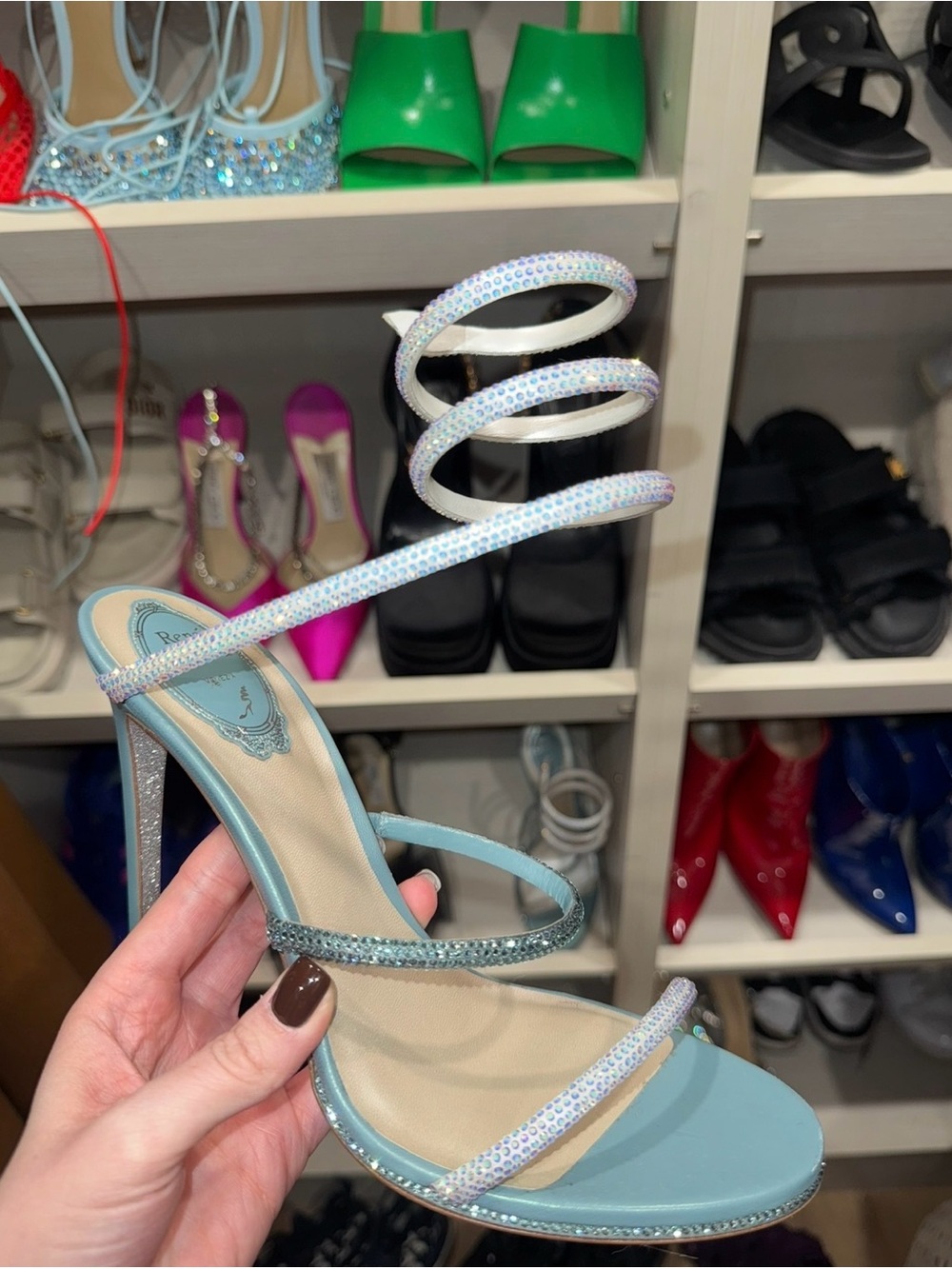 Rene Caovilla Light Blue Crystal Spiral Strap Heels